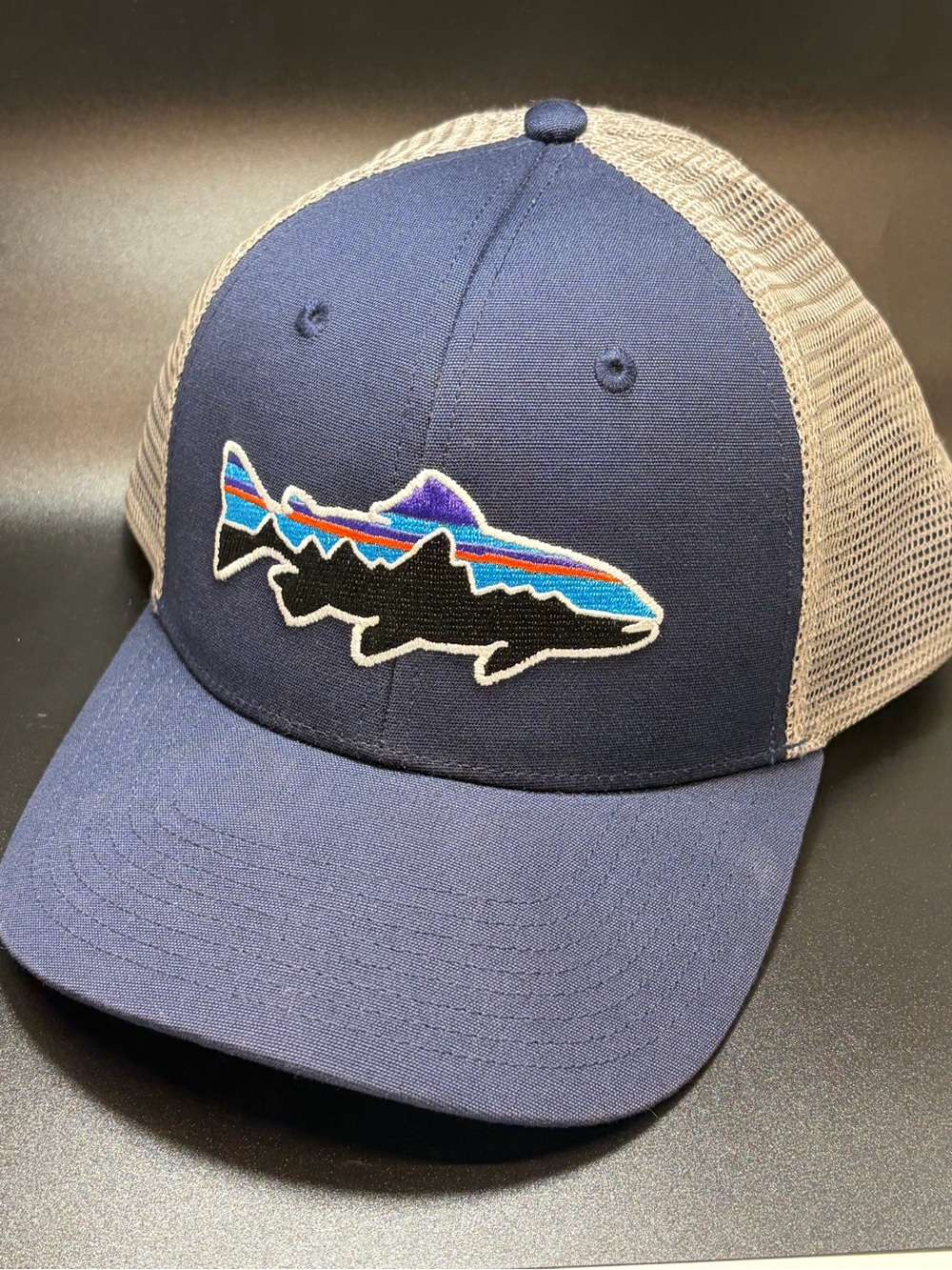 Patagonia Fitz Roy Trout Trucker Hat Snapback Mesh Fishing Cap Navy Gray
